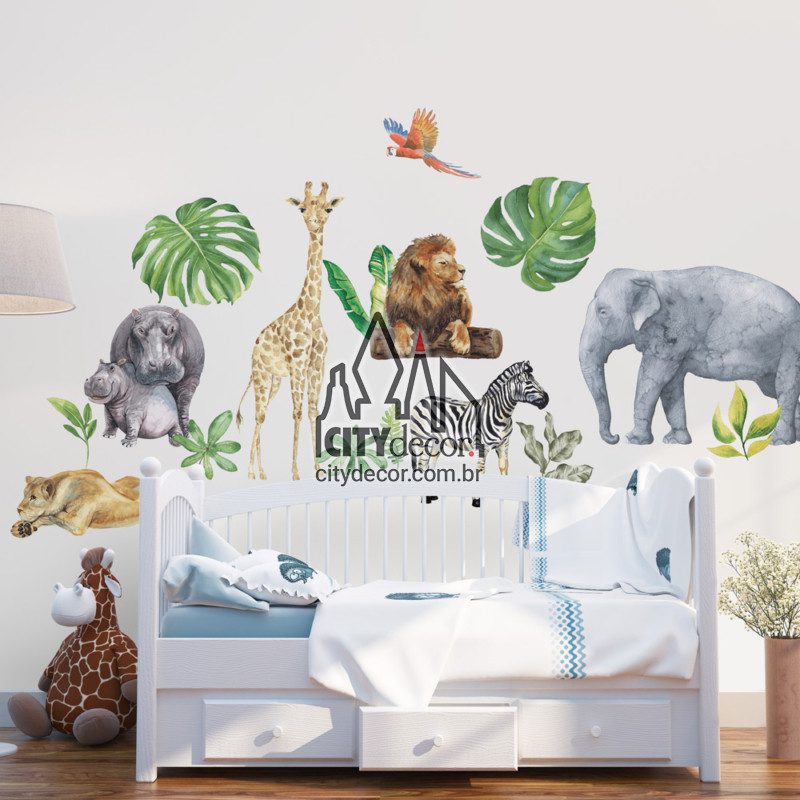 Papel de Parede Infantil Safari Animal Leãozinho e Elefantinho