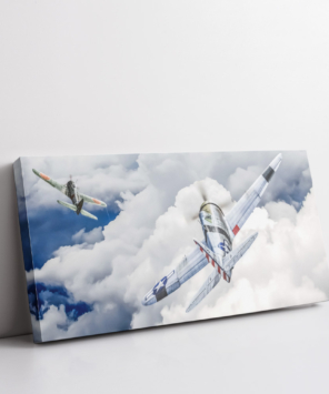 Quadro decorativo aviões caça nas nuvens